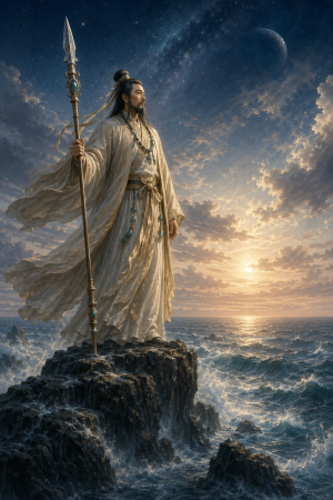 Izanagi als mythischer Schoepferkami mit Speer auf einer felsigen Insel ueber aufgewuehltem Meer und Morgenhimmel ohne Schrift.