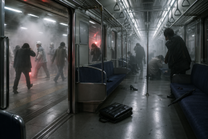 Duesterer U-Bahn-Waggon in Tokio mit leer werdendem Gang, verlassener Tasche auf dem Boden, kaltem Licht und aufziehendem Notfallnebel ohne sichtbare Gewalt.