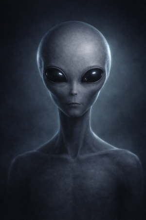 Schlanke grauhaeutige ausserirdische Gestalt mit grossem Kopf, grossen dunklen Augen und neutralem Hintergrund, ohne Schrift oder Logos.