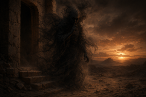 Eine unheimliche Gestalt aus Schatten, Rauch und staubigem Dunkel steht am Rand einer oeden Landschaft, ohne Schrift oder moderne Gegenstaende.