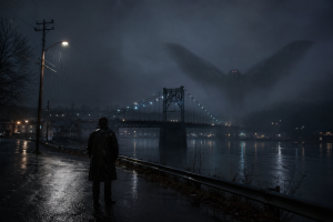 Eine regennasse Nacht an einer Bruecke mit einer einsamen Gestalt auf der Strasse und einer fahlen, gefluegelten Silhouette im Nebel ueber dem Fluss.