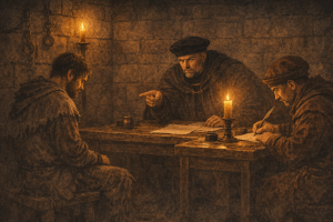 Dunkler historischer Verhoerraum mit Schreiber, Angeklagtem, Offizial und Kerzenlicht.