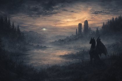 Neblige Daemmerungslandschaft mit alten Steinen, dunklem Wald, Wasserflaeche, unerklaerlichem Licht am Himmel und einer undeutlichen mythologischen Silhouette.