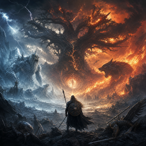 Eine apokalyptische nordische Landschaft mit brennendem Himmel, zerfallendem Weltenbaum, frostigen und feurigen Maechten sowie einem Krieger im Vordergrund, ohne Text oder Logos.