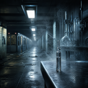 Kalte, duestere Szenerie mit einer unscharfen Glasampulle, metallischen Oberflaechen und leicht aufsteigendem Dampf in einem verlassen wirkenden Innenraum ohne Text.