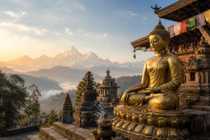 Goldene Buddha-Statue auf einer Tempelterrasse im Morgenlicht, mit Berglandschaft, Blueten, Rauch und stiller, kontemplativer Atmosphaere, ohne Schrift oder Logos.