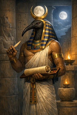 Thot mit Ibiskopf, Schreibfeder und Schriftrolle in einem mondbeschienenen aegyptischen Tempel.