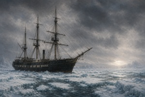 Dunkles britisches Polarschiff im arktischen Packeis unter grauem Himmel und kargem Licht.