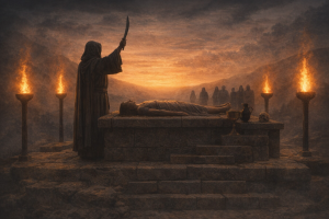 Naechtliche Ritualstaette mit Steinkreis, Opferaltar ohne Gewaltmotiv und rituellen Fackeln in nebliger Landschaft.