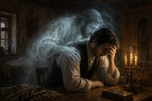 Eine blasse, geisterhafte Silhouette beugt sich in einem kerzenbeleuchteten Raum ueber eine erschrockene Person, waehrend kaltes Licht und Schatten eine beklemmende, aber nicht blutige Szene erzeugen.