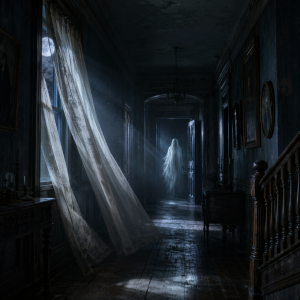 Ein dunkler, alter Hausflur mit fahlem Licht, schwerem Vorhang und einer nur schemenhaft sichtbaren Gestalt am Ende des Ganges.