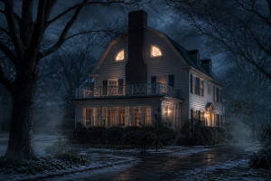 Duestere niederlaendisch anmutende Vorstadtvilla bei Nacht mit erleuchteten Rundfenstern, kahlem Baum und unheilvoller Winterstimmung, ohne Schrift oder Logos.
