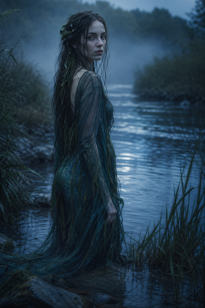 Eine geheimnisvolle Frau mit langem nassem Haar steht im blauen Daemmerlicht an einem nebligen Flussufer zwischen Schilf und stillem Wasser.