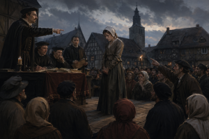 Duesterer fruehneuzeitlicher Marktplatz mit Gerichtspodest, Akten und einer angespannten Menschenmenge im kalten Abendlicht, ohne Schrift und ohne explizite Gewalt.