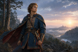 Junger Held Iwan Zarewitsch in fuerstlicher Reisekleidung an einem Waldsaum vor einer weiten Maerchenlandschaft bei Sonnenaufgang ohne Schrift oder Logos.