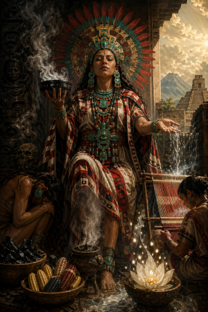 Aztekische Goettin mit reich geschmuecktem Kopfschmuck, Weihrauch und Ritualszene vor vorspanischen Tempeln, waehrend Wasser und Rauch zugleich Reinigung und Transformation andeuten.