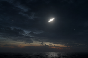 Dunkler Himmel ueber dem Meer mit einem hellen ovalen Luftziel, gesehen durch ein modernes Kampfjet-Sensorsystem, ohne Schrift oder Logos.