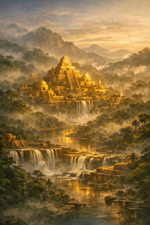 Verborgene goldene Stadt mit Terrassen, Tempelruinen, Nebel und dichtem Dschungel in einer andinen Berglandschaft, ohne Menschen oder Schrift.