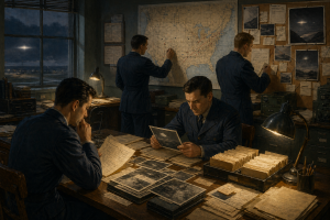 Fruehes Air-Force-Buerobild mit Akten, Karteikarten, einer grossen Wandkarte und einer undeutlichen Lichterscheinung auf einer Auswertungstafel, ohne Schrift oder Logos.