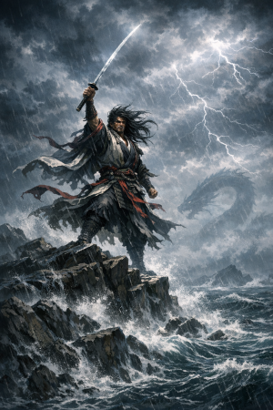 Susanoo als mythischer Sturmgott mit gezogener Klinge vor Gewitterhimmel und aufgewuehltem Meer ohne Schrift.