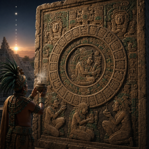 Maya-Priester vor steinerner Kalenderdarstellung mit Glyphenrelief und Tempelpyramide bei Sonnenaufgang, ohne Schrift oder Logos.