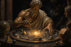 Ein bronze- und goldfarbener kosmischer Handwerker formt an einer runden Werktafel ein leuchtendes Weltmodell, umgeben von Sternen, Geometrie und antiken Saeulen, ohne Schrift oder Logos.