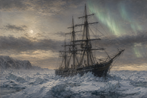 Ein dunkles 19. Jahrhundert-Schiff liegt zwischen Packeis und Eisschollen unter einem kalten Himmel mit Nordlicht. Keine Schrift oder modernen Gegenstaende sind zu sehen.