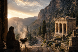 Das Heiligtum von Delphi mit Apollontempel, steilen Berghaengen, Steinwegen und aufsteigendem Opferrauch im warmen Licht, ohne Schrift oder Logos.