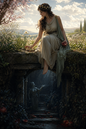 Persephone sitzt zwischen bluetender Oberwelt und dunkler Unterwelt, mit Granatapfel in der Hand und ohne Text oder Schriftzeichen.