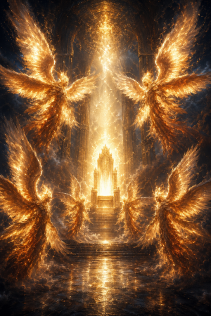 Mehrere feurige, gefluegelte Himmelswesen umstehen einen strahlenden Thron in einer dunklen Tempelszene, ohne Schrift oder moderne Elemente.