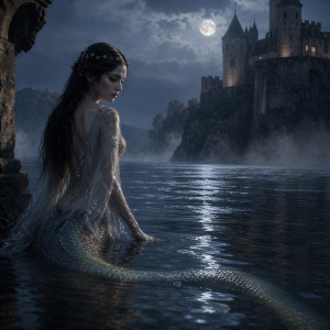 Eine geheimnisvolle Frau mit langem dunklem Haar und schimmerndem Schuppenschwanz sitzt bei Mondlicht im Wasser vor einer Burg.
