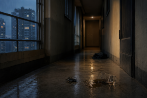 Ein leerer Hotelflur mit der Zahl 13 an einer Tuere, schwaches Licht, lange Schatten und bedrohliche, aber realistische Atmosphaere ohne Schrift.