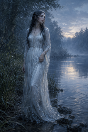 Eine geheimnisvolle Wasserfrau in hellem, fliessendem Gewand steht in der Daemmerung an einem stillen Flussufer zwischen Nebel, Wasser und Schilf.