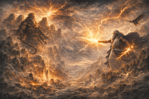 Zeus schleudert einen Blitz gegen titanische Urwesen vor einer zerborstenen Himmelslandschaft mit Feuer und Sturm.